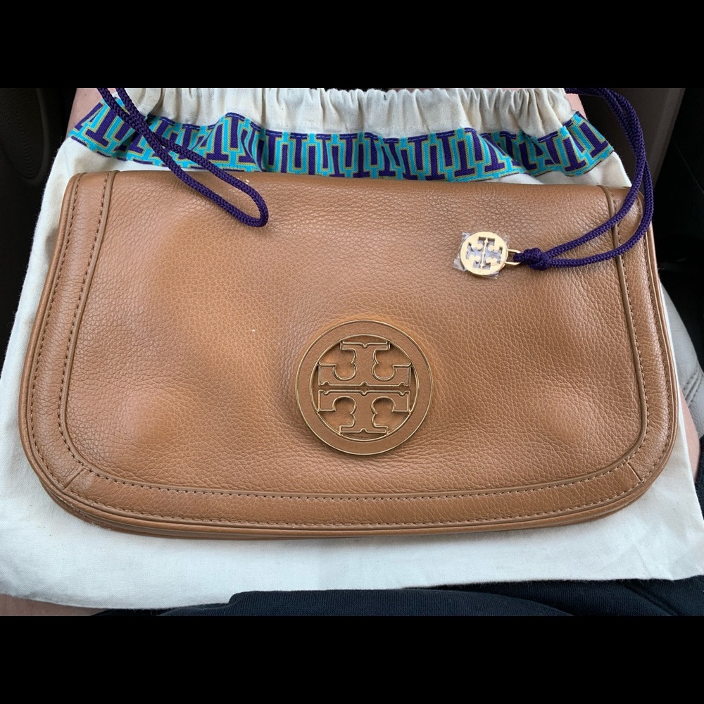 Tory Burch Tan Leather Clutch with Logo Medallion
